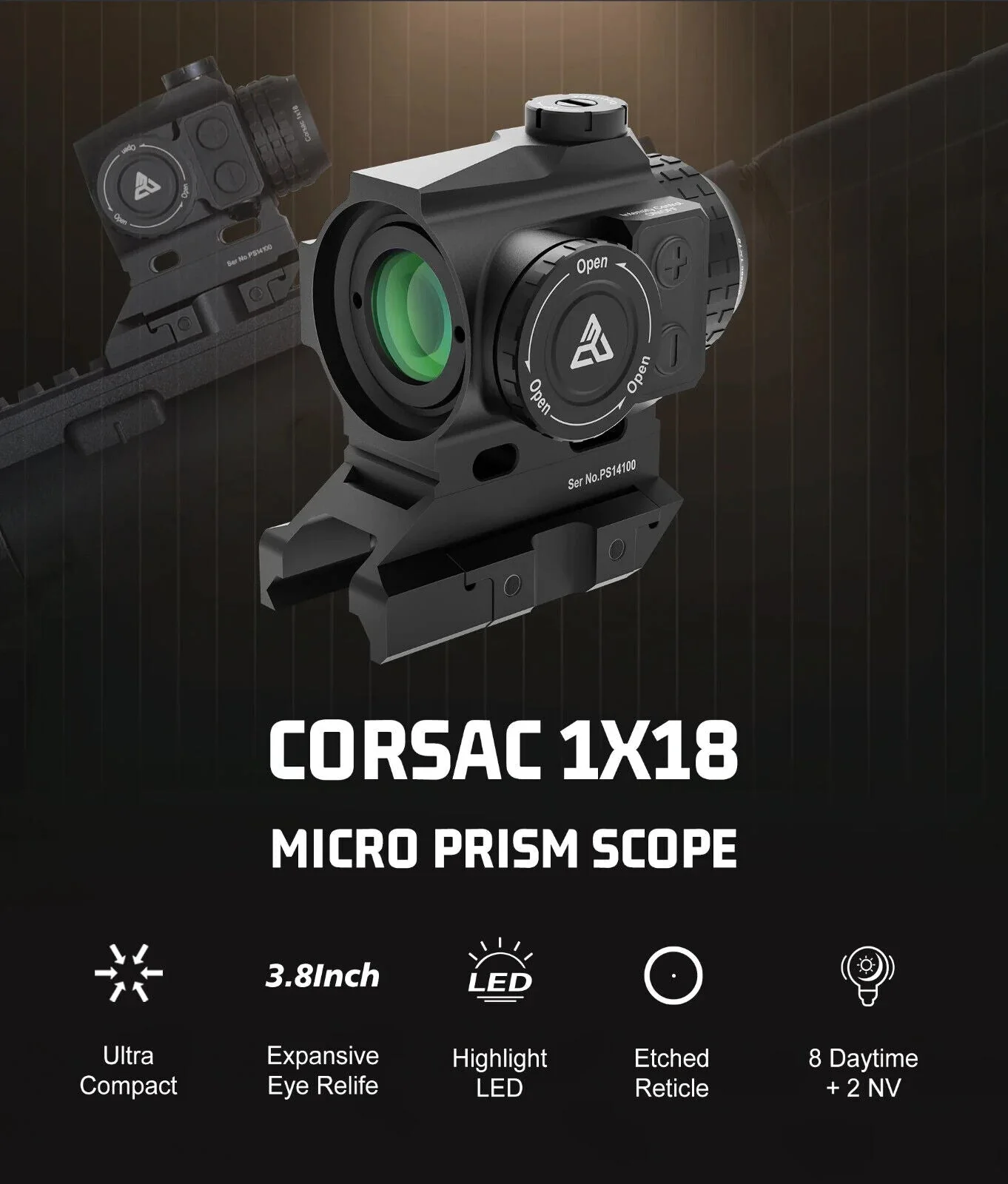 Corsac 1x18 Micro Prism Scope Etched Reticle 8 Day+2 NV IPX67 Hunting Optic - Image 6