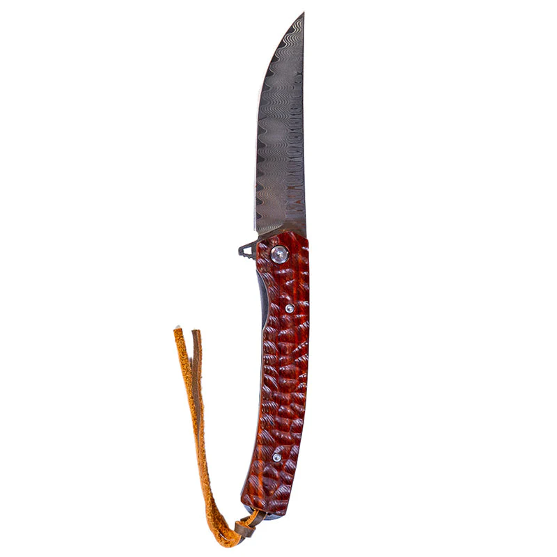 MUCITUP Damascus Flipper Knife Scraped Wood Handle Liner Lock 3.75" Blade 8.2" EDC - Image 2