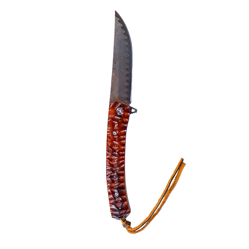 MUCITUP Damascus Flipper Knife Scraped Wood Handle Liner Lock 3.75" Blade 8.2" EDC - Image 3