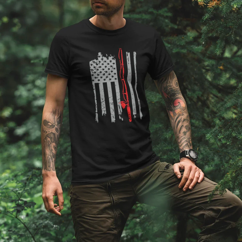 Outdoorzees Fishing Rod American Flag Unisex T-Shirt - Image 3