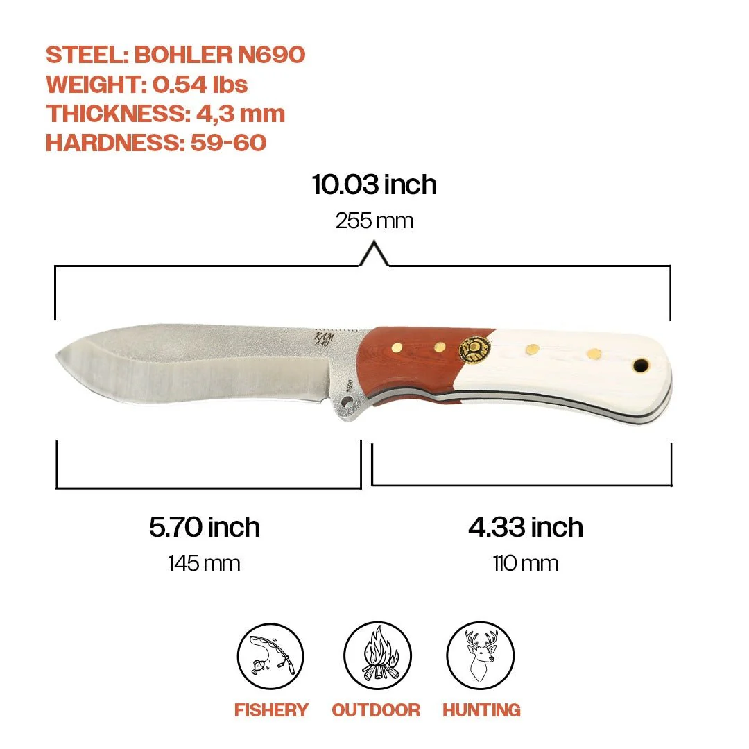 Kam Knife – A40 - N690 Steel - Red and White Handle - Fixed Blade - Image 7