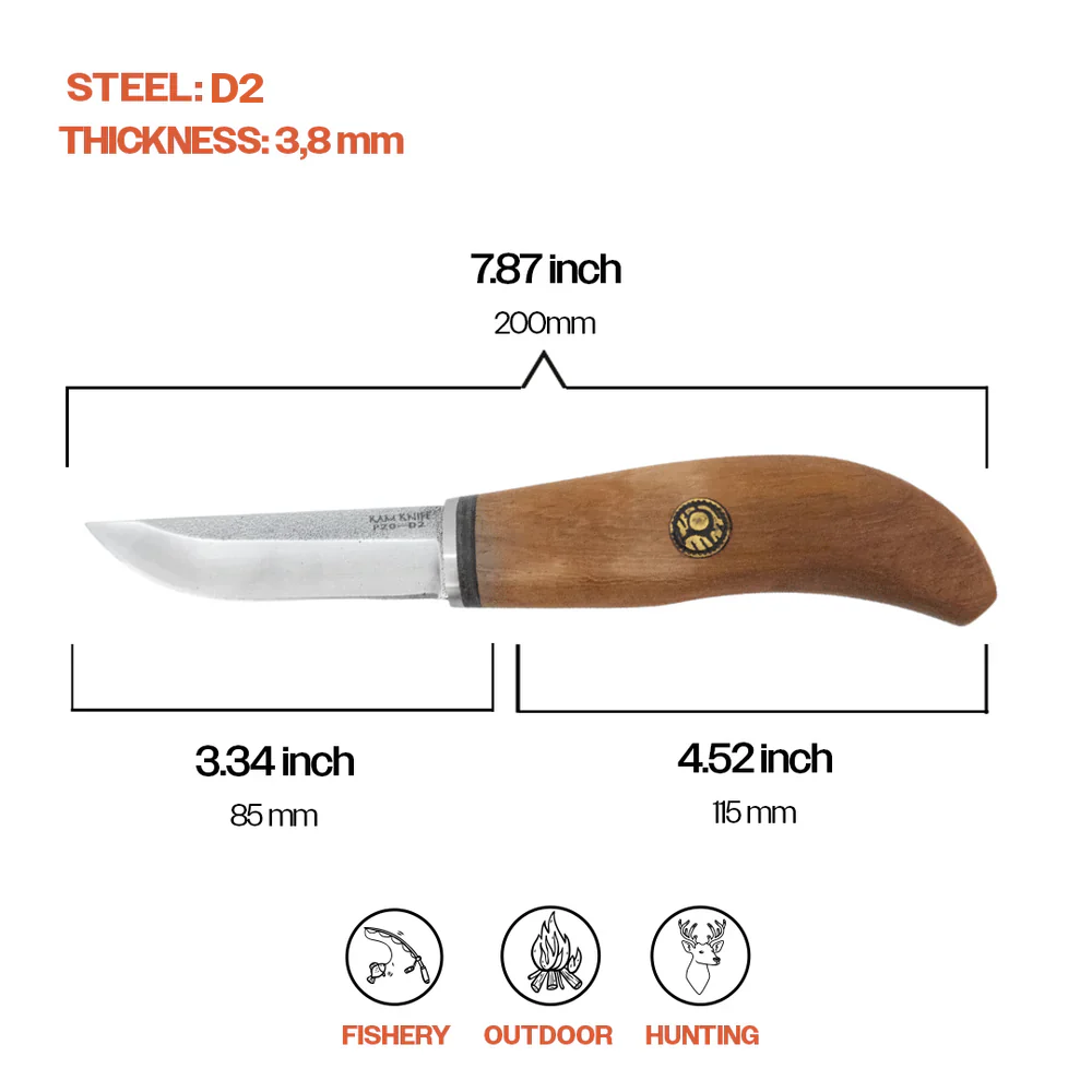 Kam Knife - P20 - Maun Wood Curved Handle - Fixed Blade - Image 3