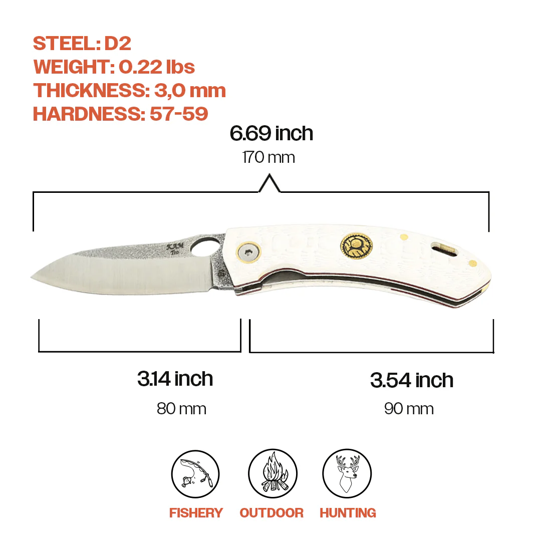 Kam Knife - T10 -  D2 Steel - White Handle - Pocket Knife - Image 5