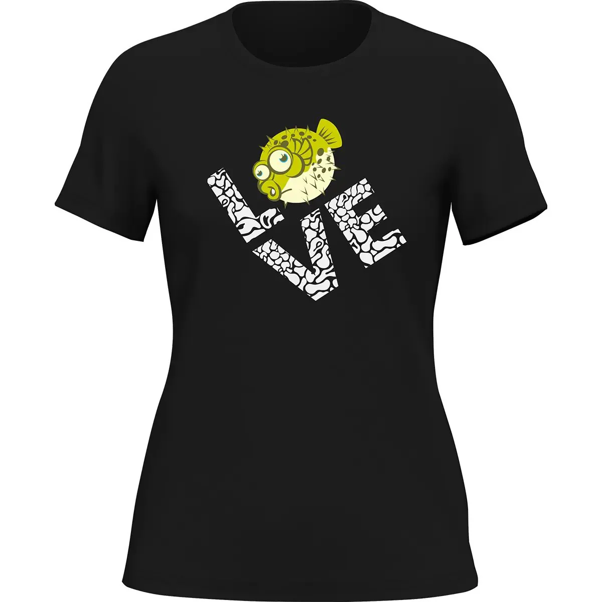 Outdoorzees Love Fishing Green Blowfish Globe T-Shirt for Women