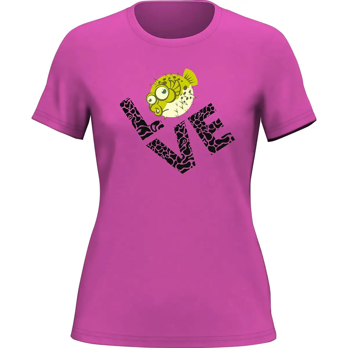 Outdoorzees Love Fishing Green Blowfish Globe T-Shirt for Women - Image 3