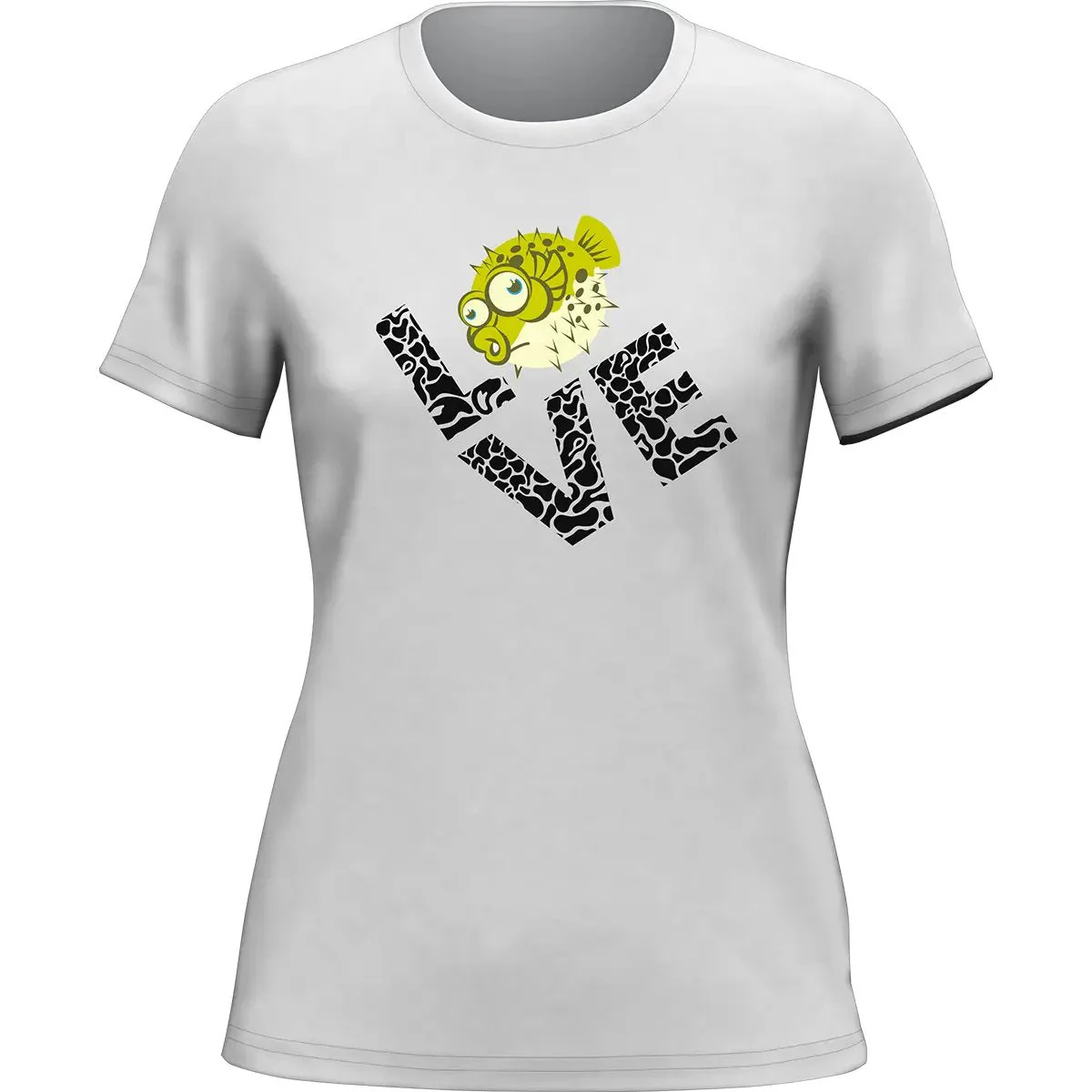 Outdoorzees Love Fishing Green Blowfish Globe T-Shirt for Women - Image 4