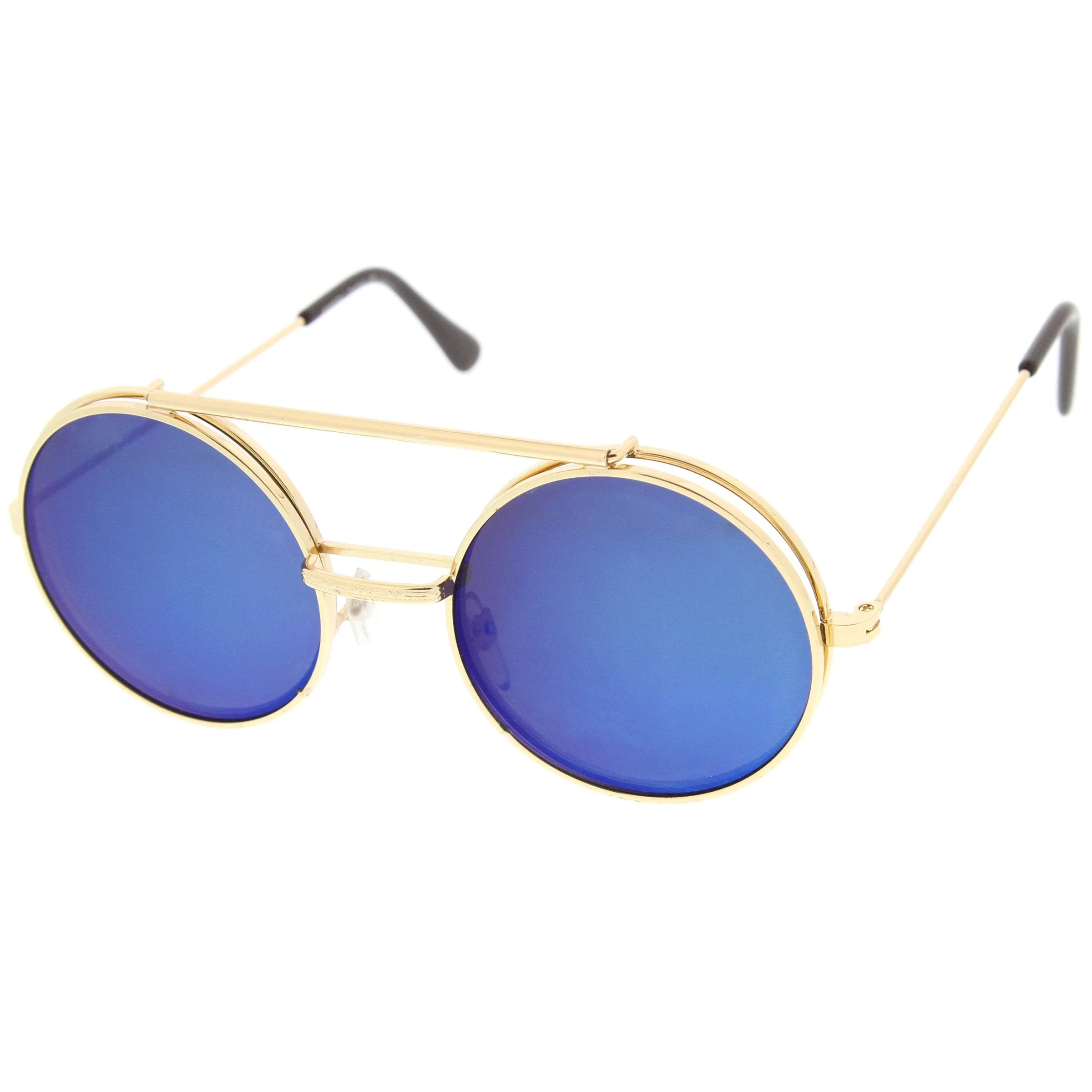 zeroUV Retro Round Steampunk Mirrored Lens Flip Up Sunglasses 8966 - Image 10