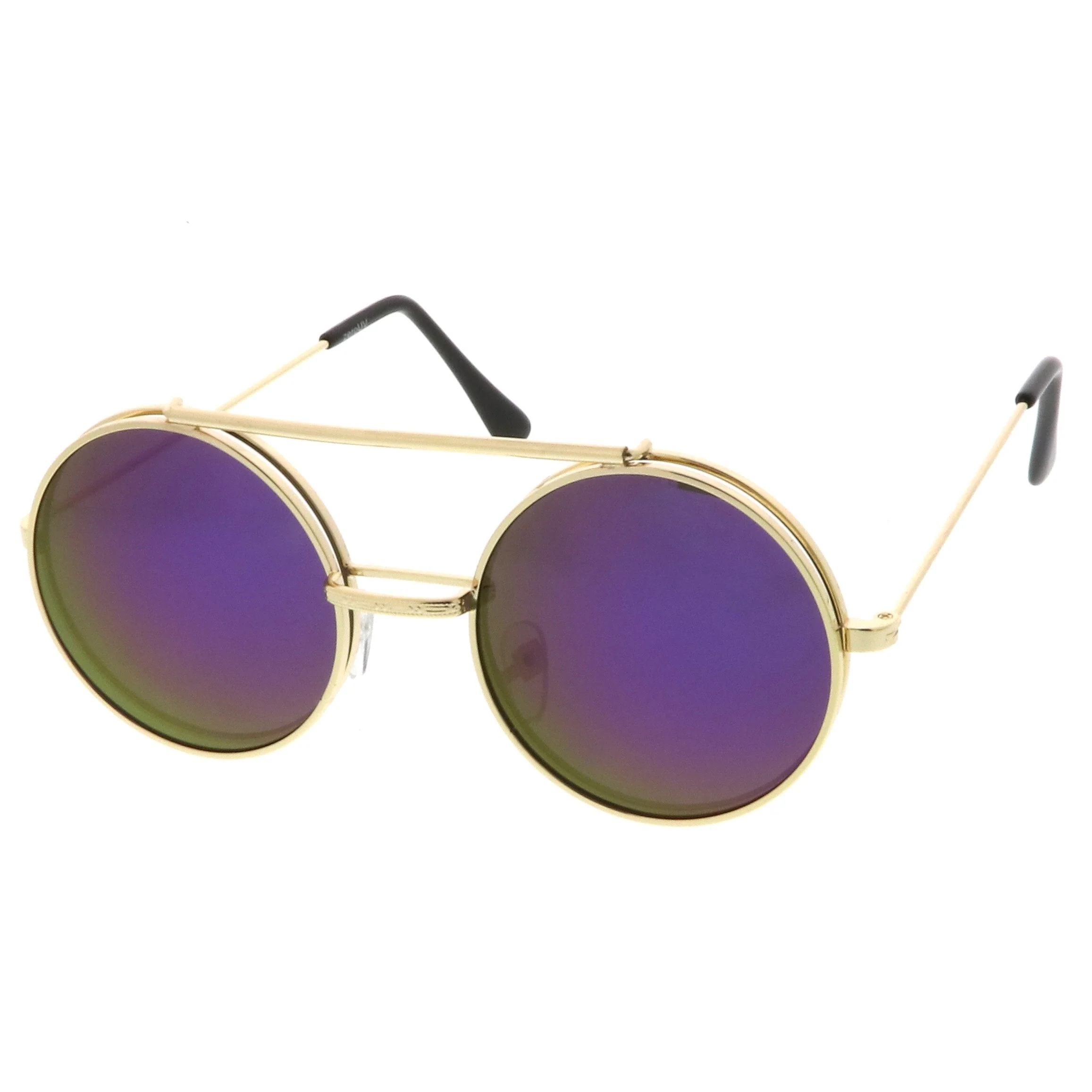 zeroUV Retro Round Steampunk Mirrored Lens Flip Up Sunglasses 8966 - Image 11