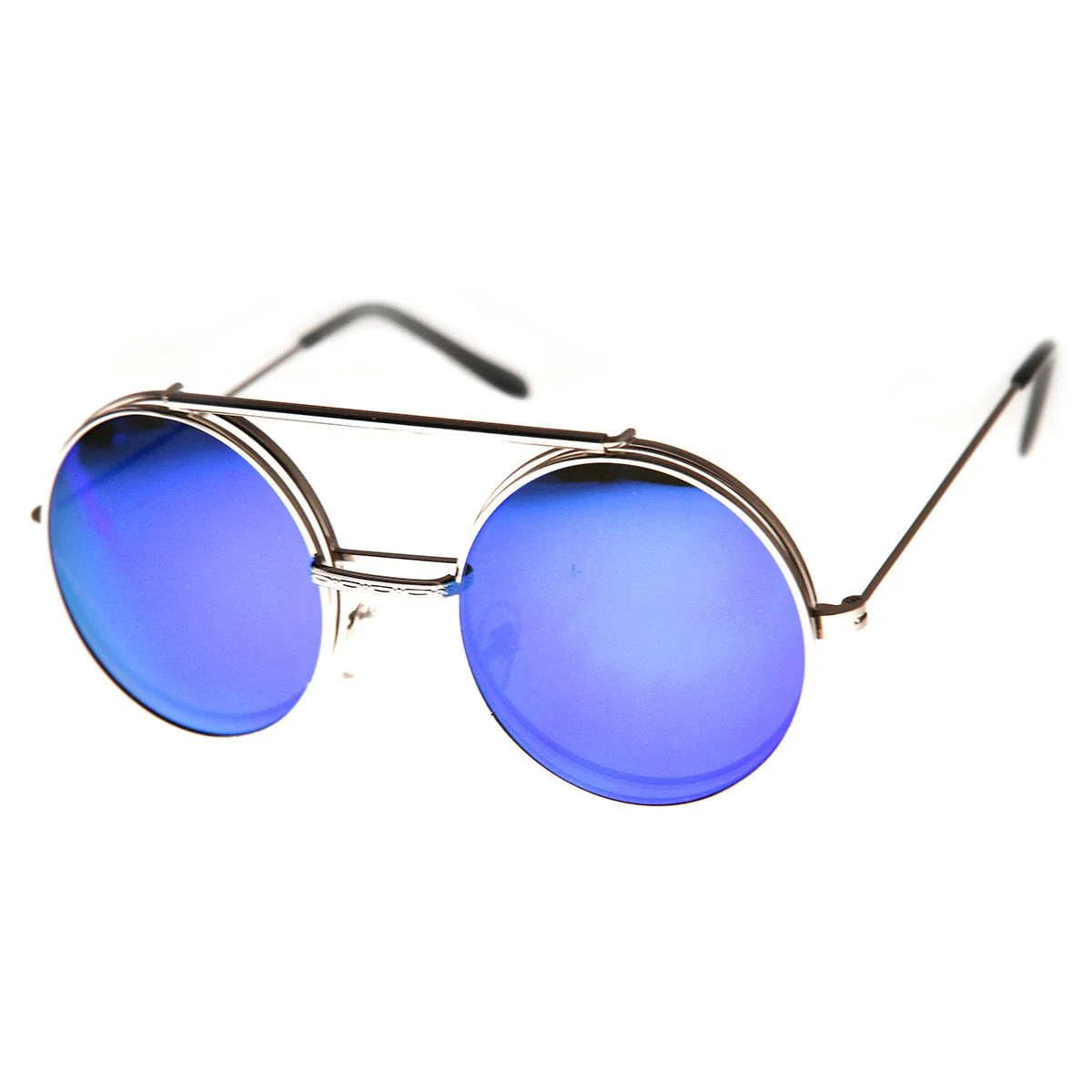 zeroUV Retro Round Steampunk Mirrored Lens Flip Up Sunglasses 8966 - Image 15
