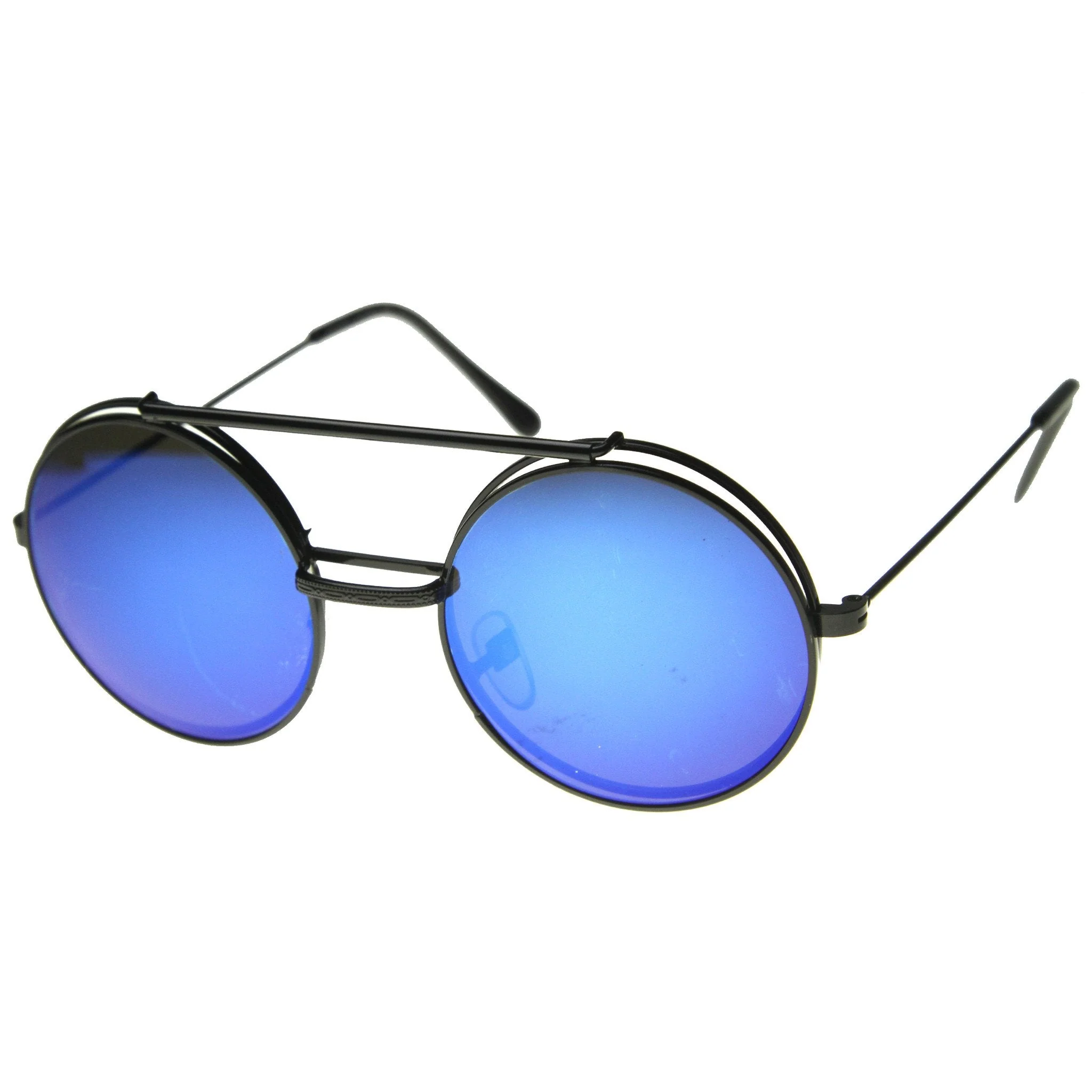zeroUV Retro Round Steampunk Mirrored Lens Flip Up Sunglasses 8966 - Image 17