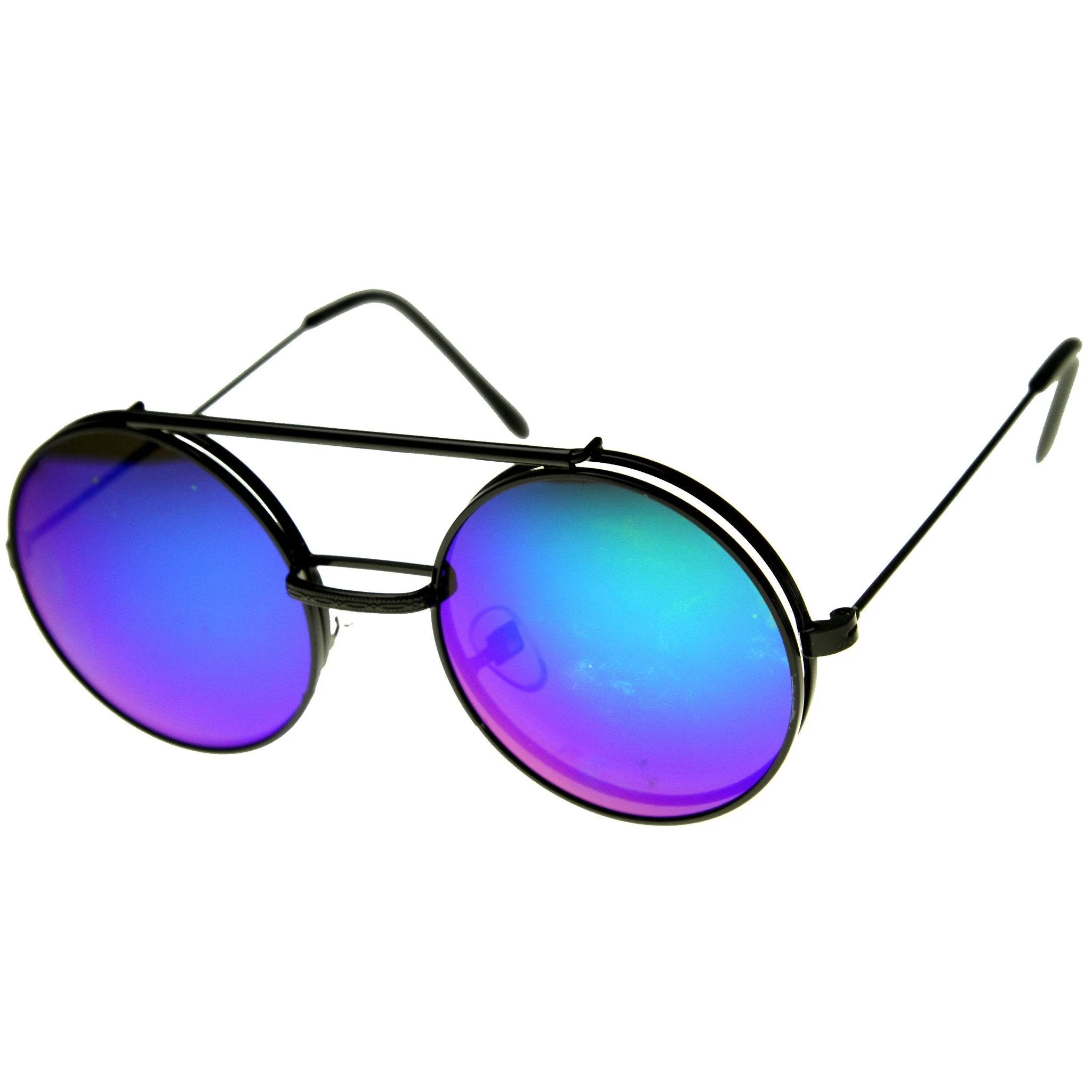 zeroUV Retro Round Steampunk Mirrored Lens Flip Up Sunglasses 8966 - Image 18