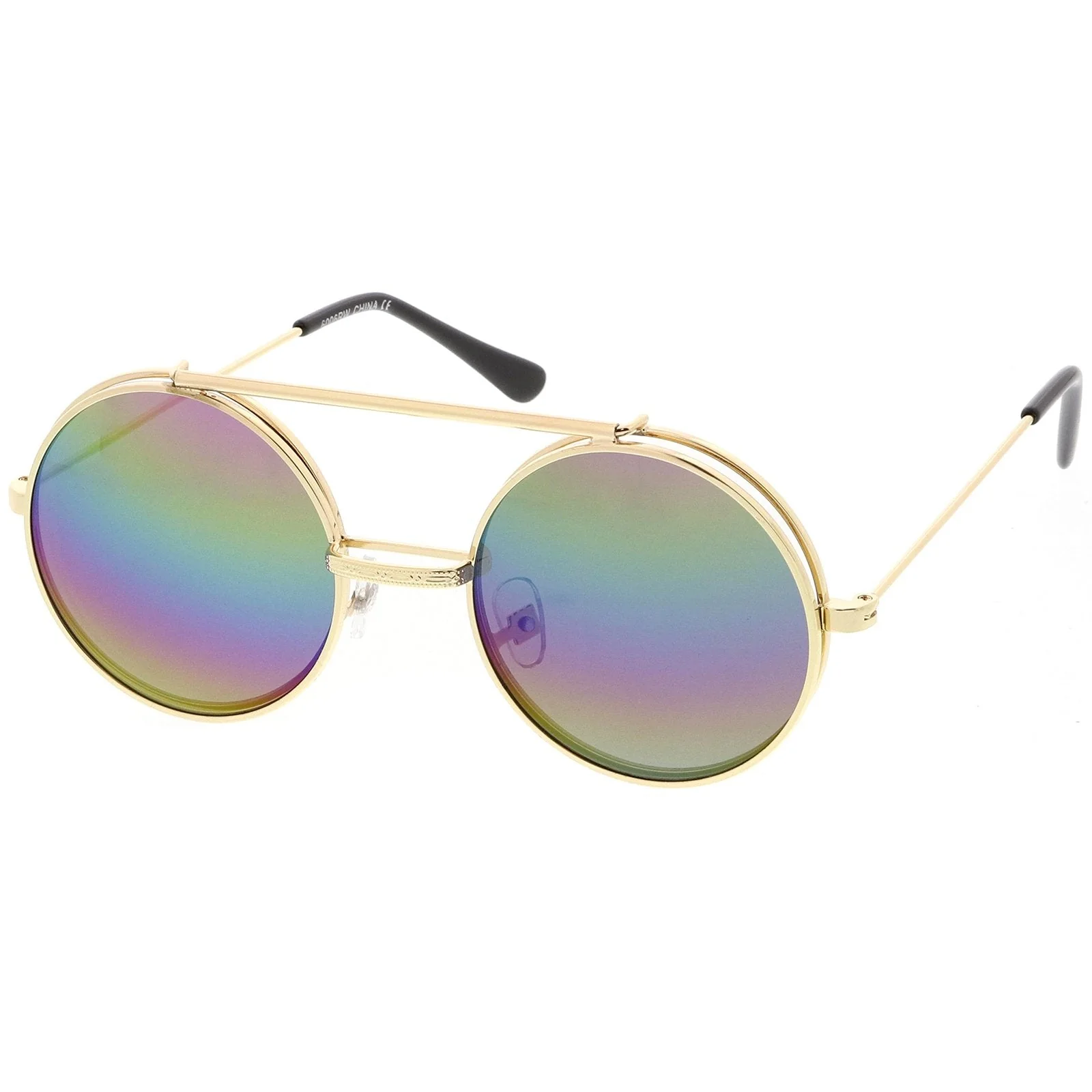 zeroUV Retro Round Steampunk Mirrored Lens Flip Up Sunglasses 8966 - Image 19