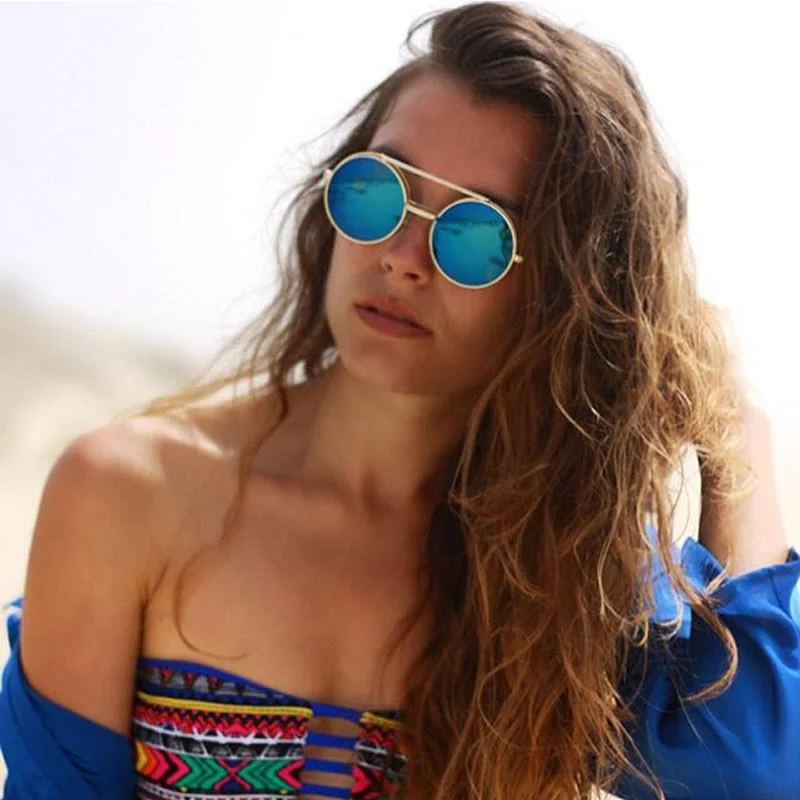 zeroUV Steampunk Mirrored Lens Round Circle Flip Up Frame Sunglasses 8794 - Image 3